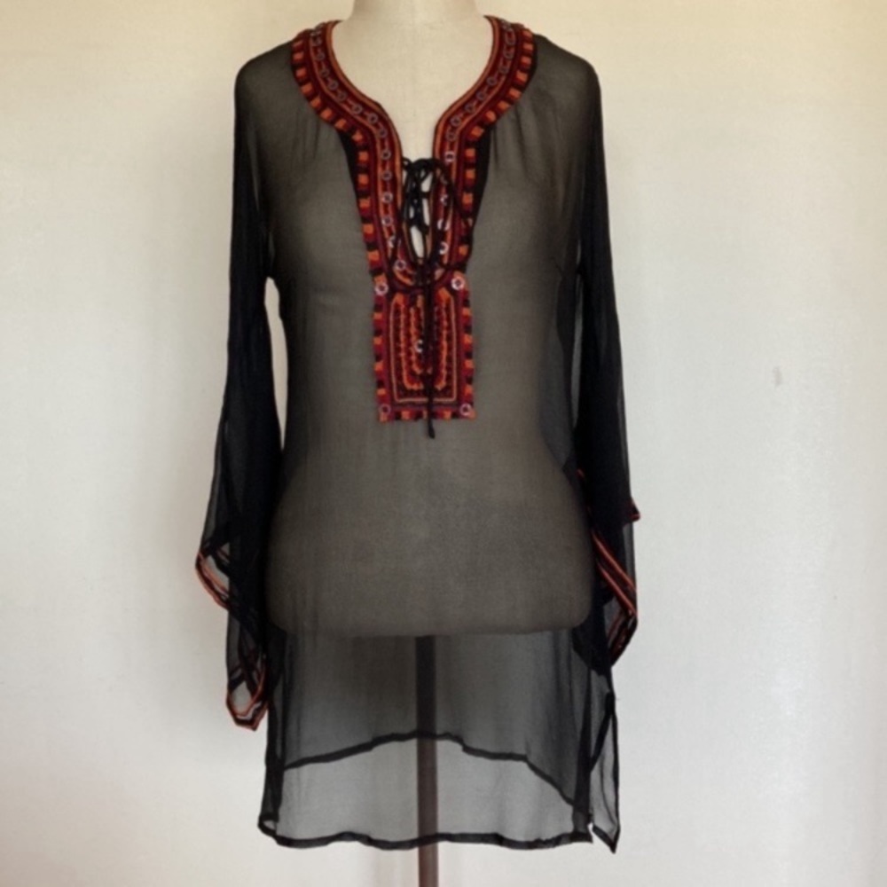 Ted Baker London sheer black boho tunic, embroidered, TB size 3 = US 8